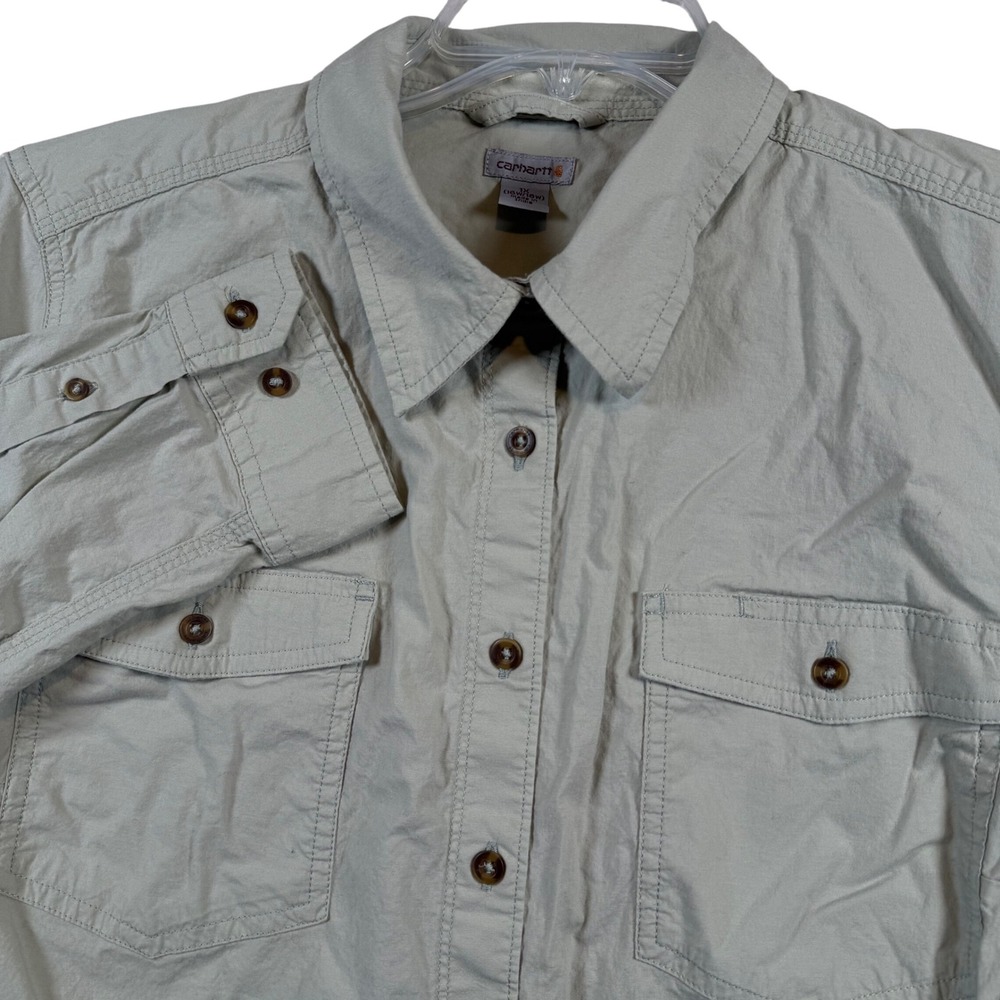 Carhartt Button Down Shirt Womens 1X Khaki Roll Tab Sleeve Utility 103600 G12